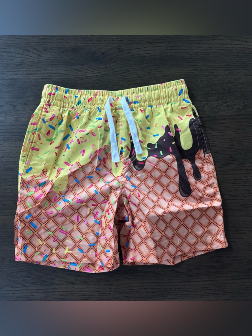 NEW Boys Size 7 Yellow Swim Shorts with Sprinkle & Ice Cream Print - Black Liner